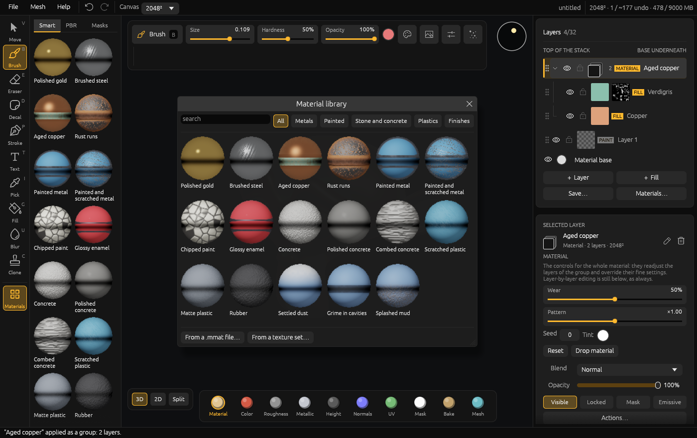 The smart material library, with spheres for each material
