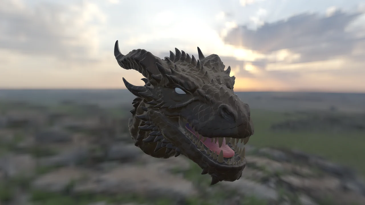 El mismo dragón bajo un cielo de nubes sobre el campo
