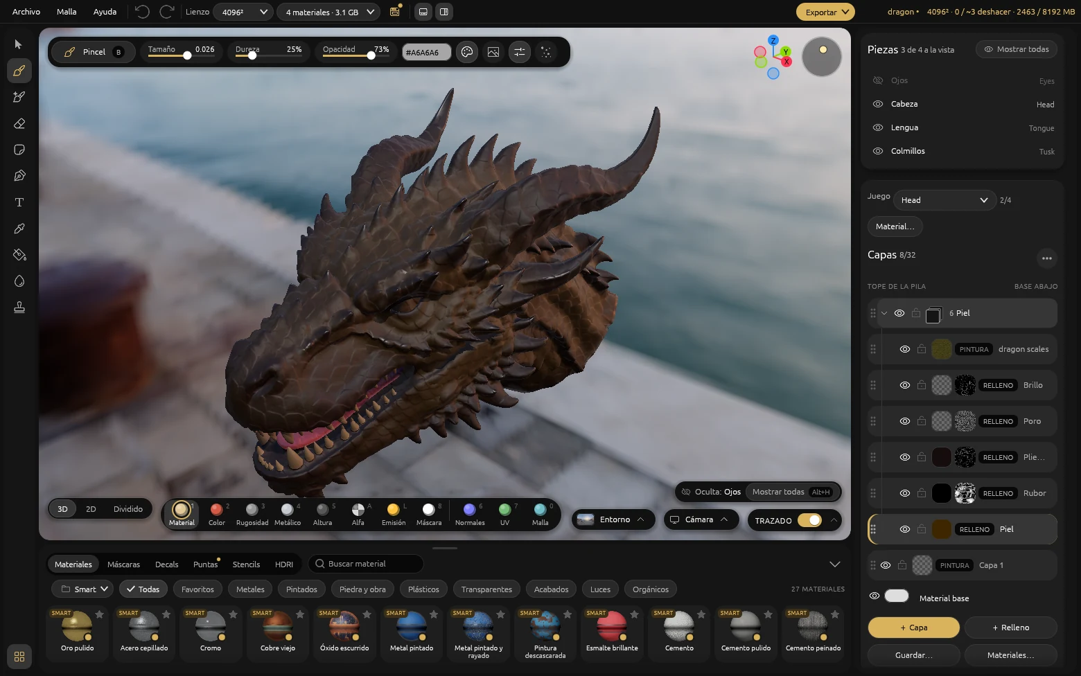 El dragón abierto en MaterialEX con sus cuatro materiales y la sección Piezas, con los ojos ocultos